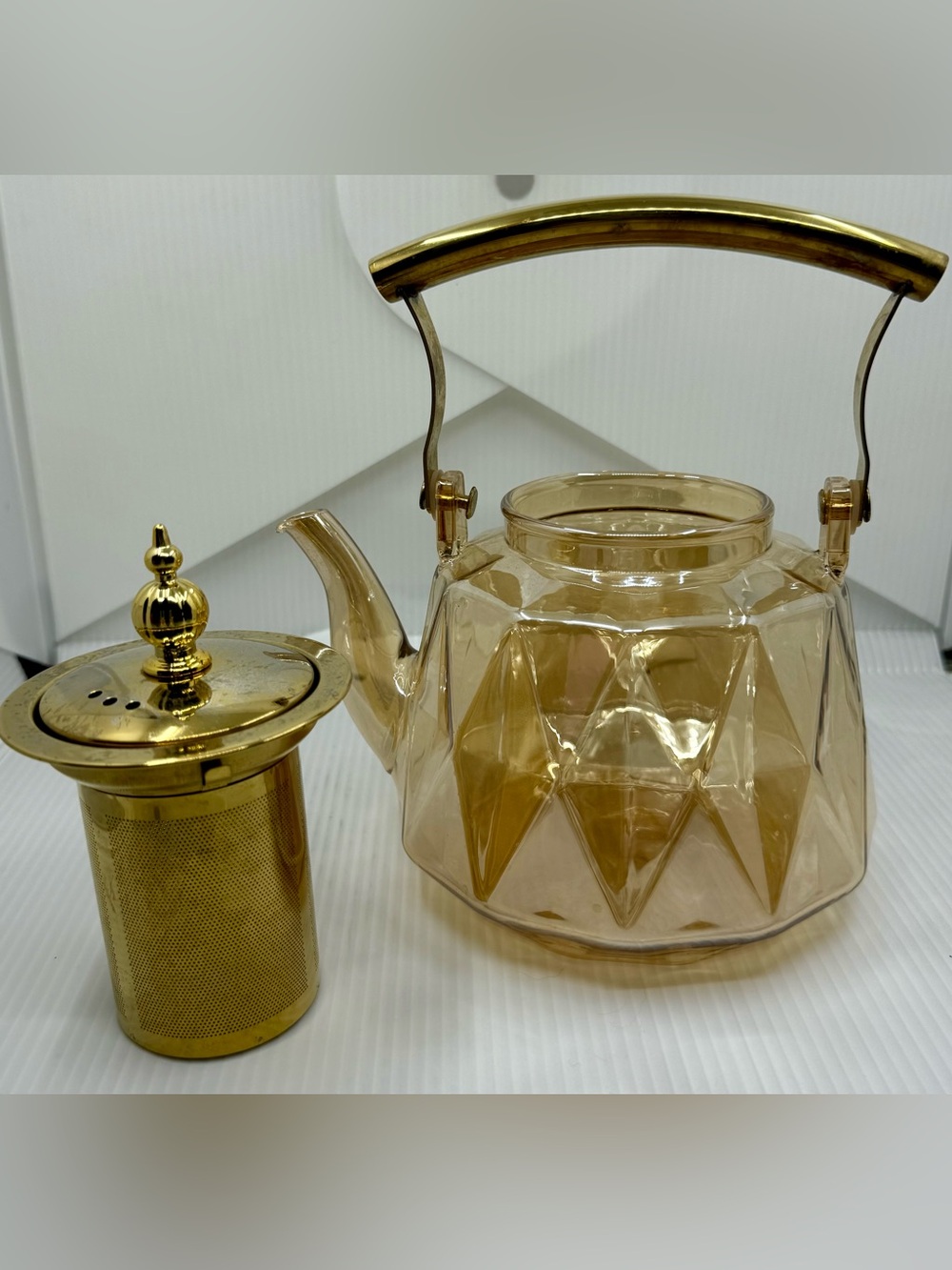 Charbrew Patterned Amber Borosilicate 1000 ml Teapot Gold Lid Infuser & Handle - Picture 2 of 6